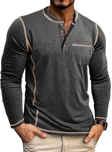 LAOARA Tee Shirt Homme Manche Longue Tshirt Col Tunisien V Henley avec Poche Polo Boutons Légére M-3XL
