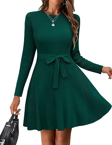 HOTOUCH Robe pull décontractée à manches longues pour femme - Robe moulante en tricot avec ceinture - Tailles S à XXL, Vert, M