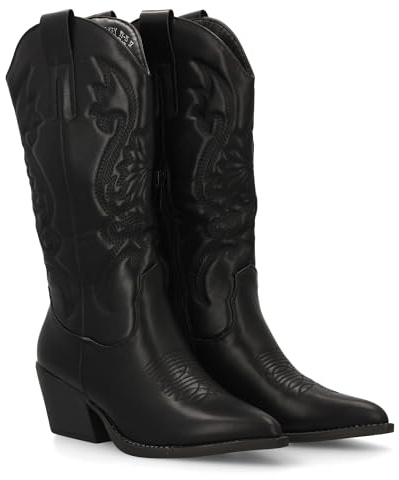 96123 Bota Cowboy de Cana Alta con Bordados para Mujer. Tacon Medio y Punta Fina, Estampado Liso. Estilo campero y Cierre de Cremallera, Ideales para Temporada Otono Invierno. Negro Talla 36