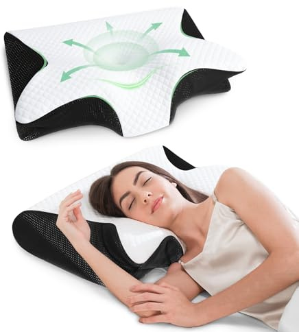 FEYIDEO Cuscino Cervicale per Dormire, 2 in 1 Cuscino Ergonomico in Memory Foam per Dormitori Laterali, Supini e Proni, 60x40x12/14cm (Nero)
