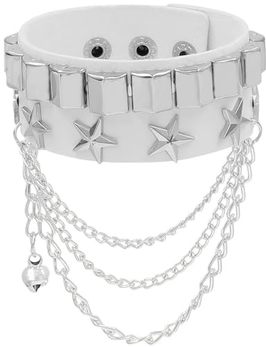 Aukemuna Punk Studded Bracelet for Women Men, Adjustable Rock Cuff PU Leather Bracelets with Stars 80s 90s Outfits Accessories Y2K Goth Emo Jewelry (White)