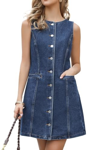 Allegra K Robe Mini en Jean Femme Boutonnée sans Manches sans Col avec Poches Coupe Crayon