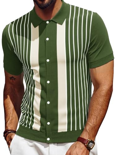 Les umes Men's Vintage Button Knit Polo Shirt Army Green White Stripe L