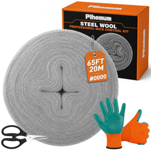 Steel Wool Mice Control – 65 Ft (20m) #0000 Ultra Fine Steel Wool Roll, 2.55 in Wide Wire Wool Weep Hole Filler, Mice Deterrent & Delicate Polishing – Gloves & Scissors Included (#0000 Steel Wool)