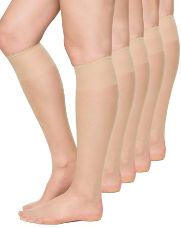 Nur Die 5er Pack Knie Seidenfein 15 DEN transparente Nylon Fein-Kniestrümpfe seidig glänzend breiter Komfortbund Damen, amber, one size