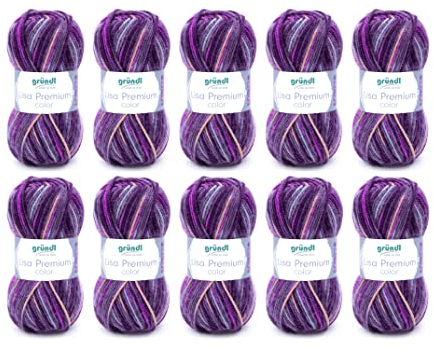 Gründl Wolle Lisa Premium color - Garn zum Stricken mit Farbverlauf - Strickgarn - Häkelgarn - Weich und hautfreundlich - 100 % Polyacryl 10 Knäuel 50 g / 133 m -Nadelstärke 3,5-4,5 - Brombeere-Lila