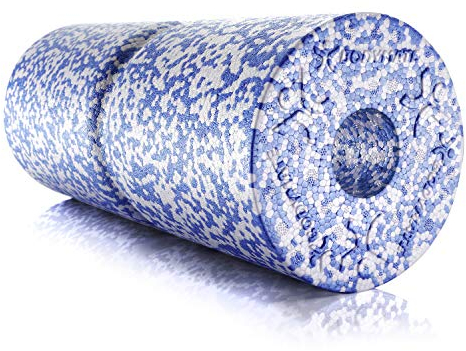 BODYMATE Faszienrolle Weich, Trainingsrolle zur Eigenmassage mit umlaufender Rille, Ganzkörper-Massagegerät für Einsteiger, mit glatter Oberfläche, inkl. eBook, 35 x 14 cm (L x Ø), in Blau/Weiß