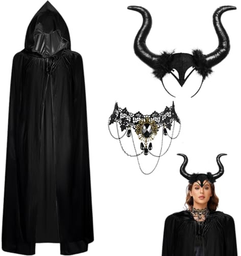 Cape Halloween pour femme,Déguisement Diable d'Halloween,Bandeau de Corne Démon Noir,Collier en dentelle gothique, Costume pour Carnaval, cosplay fête d'Halloween，Halloween effrayants Décoration- 13