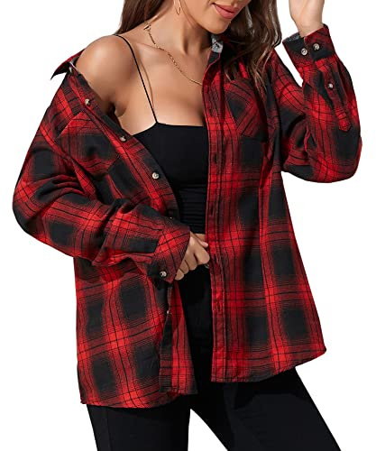 Deer Lady Plaid Flannel Shirts for Women Buffalo Plaid Shirts Oversized Long Sleeve Casual Button Down Blouse Top Red L
