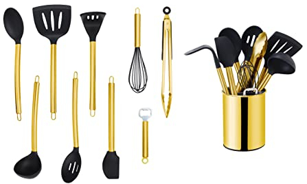 ECHTWERK Küchenuntensilien,10-teiliges Küchenhelfer-Set,Küchenzubehör,Kochbesteck mit Edelstahlgriff,Kochset Utensilienhalter,Kochzubehör,Antihaft Silikon Haushaltshelfer,Gold-Edition,EW-KS-1002G