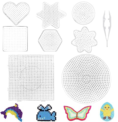 8 Stück Bügelperlen Platten Set - Steckplatte, Schablone in Vielen Formen, Perlenplatte Quadratisch, DIY Transparente Form Puzzle mit 1 Weiße Pinzette (A)