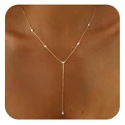 LuckFairy Dainty Gold Lariat Y-Shaped Drop Chain Necklace for Women - 14k Gold Plated CZ Lips Bead, Simple Layered Trendy Jewelry Gifts