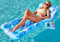 SLOOSH Matelas Gonflable pour Adultes, Transat de Piscine à Motif Feuilles Tropicales avec Dossier Réglable et Porte-Gobelets, Bouée Flottante pour Bronzage, Chaise Flottante pour Piscine (Bleu)
