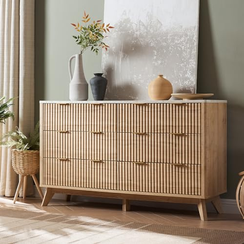 T4TREAM Fluted 6 Drawers Dresser, 54 Wide Modern Chest of Drawers with Faux Marble Top, Curved Profile Design, Dresser TV Stand, Wood Drawer Organizer for Bedroom, Living Room, Hallway, Natural Oak