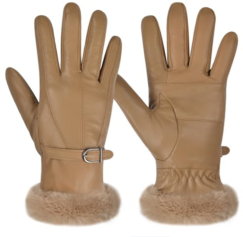 Harssidanzar Guanti in pelle da donna caldi invernali foderati di pelliccia SL022EU, Cachi, Taglia S