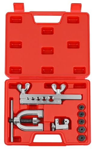 Flexzion Brake Line Flaring Tool Kit with Tubing Cutter - Single and Double Flare Tool Kit with 5 Adapters - 45 Degrees Brake Line Repair Kit for Copper, Aluminum, Brass, Magnesium, and Soft Steel