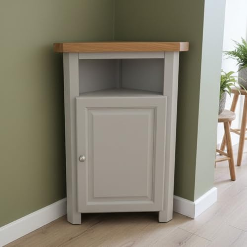 GROFurniture Painted Cashmere Grey Corner Cabinet, Tall Triangle Storage Cuboard for Livingroom, Corner Oak Unit for Livingroom, Bathroom & Hallway, Fully Assembled Small Unit (Grey Tall)