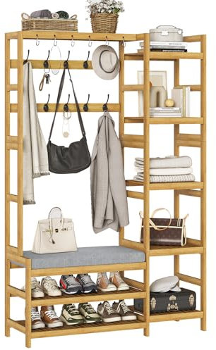 VIAGDO Garderobenständer mit Schuhbank,Kleiderständer mit 5 Aufbewahrungsregale,Garderobe mit Schuhregal,10 Doppelhaken, Flurgarderobe für Flur und Schlafzimmer 104x33x175 cm (104 x 33 x 175 cm)