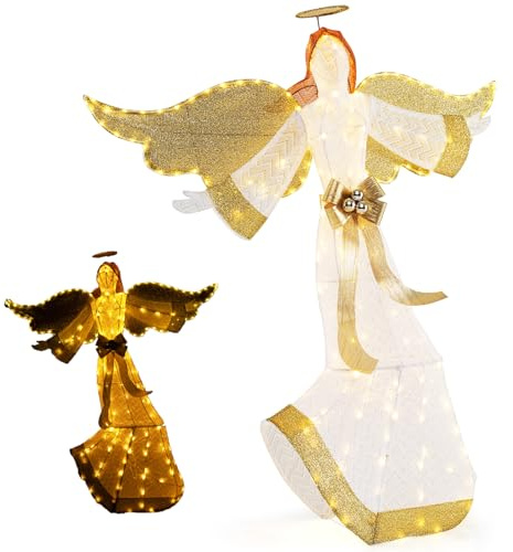 GYMAX Angelo Luminoso da 160 cm, Decorazione Natalizia Luminosa con Aureola e Fiocco, Lacci e Paletti per Terreno, Figura Alata Festiva Preilluminata con 180 LED per Soggiorno, Cortile, Giardino