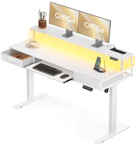 OffiGo Bureau Assis Debout 140cm, Bureau Electrique avec 2 Tiroirs, Standing Desk avec Support de Moniteur, Table Ordinateur avec Chargeur et Lumière LED pour la Maison, Blanc