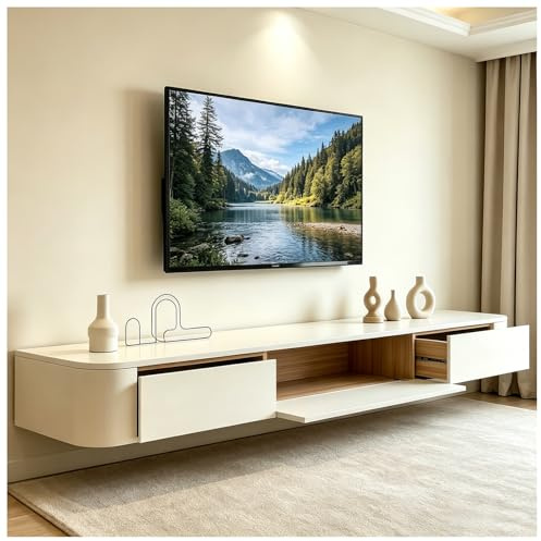 KSYGINXD Schwebende TV Schrank 160cm Weiß, Modern TV Lowboard Hängend, TV Board Hängend mit 2 Schubladen 1 Klappen Türen & Kabelmanagement, für Wohnzimmer und Esszimmer
