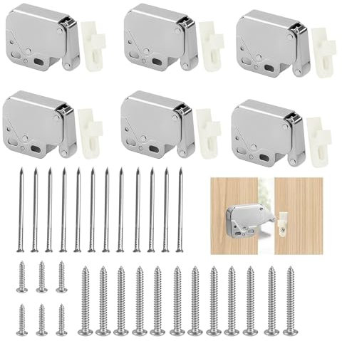 6 Chiusure a Molla per Porta, Mini Touch Fermo, Mini Chiusura a Scatto per Mobili con Viti, Chiusura a Molla per Comodini Armadietti Schedari Porte Mobili Cassetti Capannoni