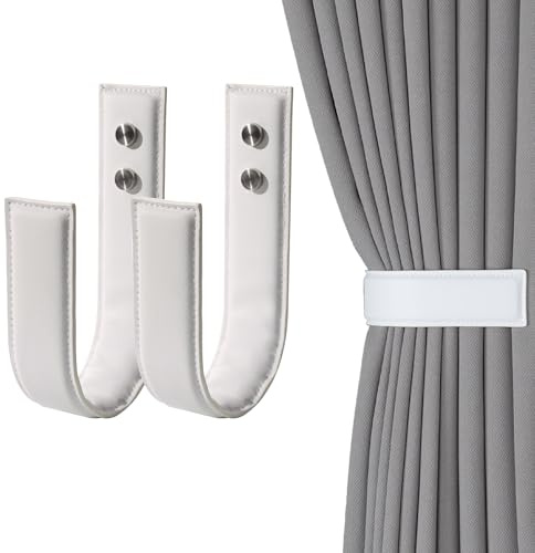 OCIOLI Paquete de 2 alzapaños y soportes de cortina en forma de U montados en la pared, impermeables, de piel sintética, ganchos rústicos para cortinas de interior/exterior (2, blanco)