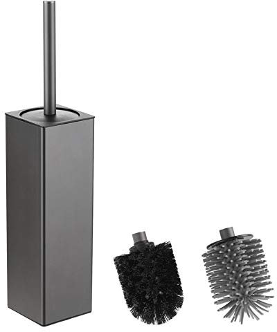 BGL Scopino e supporto per WC grigio, porta scopino in silicone con 2 testine, spazzola quadrata in alluminio per la pulizia del bagno, scopino per WC