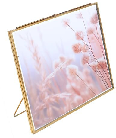 Fenzo Vintage Style 8x10 inch Landscape Metal & Glass Hanging Free Stand Picture Gold Photo Frame Desktop Picture Frames for Photos, Artwork, & Pressed Leaves, Floating Display Frames