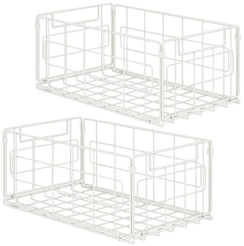 Confezione da 2 cestini portaoggetti in filo metallico, 35,1 cm, pieghevoli, multiuso, in acciaio, con manico, per mobili da cucina, dispensa, congelatore, bagno, armadi, 35 x 21,5 x 16 cm