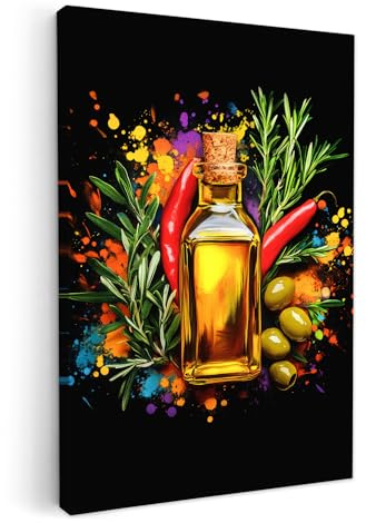 MuchoWow© Impression sur Toile Photo Peinture 20x30 cm Tableau Decoration Murale Chambre Salon Maison Deco Cuisine Huile d'olive - Graffiti - Poivre - Olives - Moderne