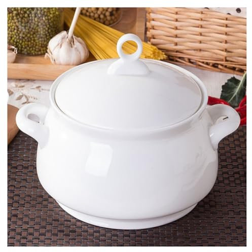 Ceramic Soup Tureen with Lid and Handles, 2.5L Large Capacity Porcelain Serving Bowl for Home Parties and Family Dining, Microwave and Oven Safe, White