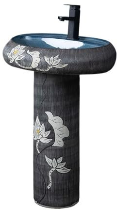 Lavabos De Pedestal Lavabo de pedestal integrado de cerámica Lavabo de loto tallado a mano for el hogar Lavabo de exterior Lavabo de suelo retro Lavabos De Pedestal Para Baño