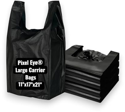 Pixel Eye Large Black Carrier Bags, 100 Pack, Strong & Durable Plastic, Reinforced Handles, Retail, Grocery, Takeaway, Eco-Friendly