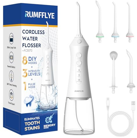 RUMFFLYE Idropulsore Dentale Portatile Irrigatore Orale Professionale Water Flosser Idropulsore Denti con 12 Modalità Serbatoio Visibile 300ML Ricaricabile Impermeabile IPX7 per Casa e Viaggi Bianco