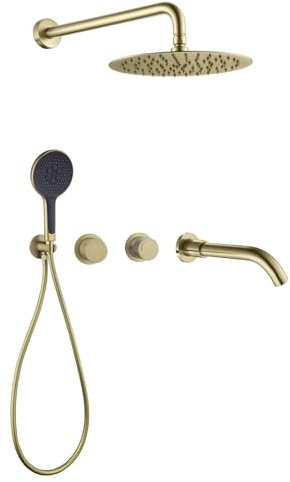 FQYEP Conjunto Ducha Empotrada Juego de Ducha Empotrado con Cabezal de Duchas de 25 Cm Tres Funciones,Oro Cepillado