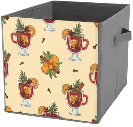MEIKKO Mulled Wine Cup Pattern Storage Cubes 11 Inch Fabric Bins with Double Handles,Closet Organizers for Shelves,Foldable,for Clothes