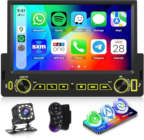 Hodozzy Autoradio 1 Din avec CarPlay Android Auto sans Fil, Poste Radio Voiture 1 Din écran Tactile 7 Pouces avec Bluetooth, Mirror Link, Stéréo FM, Universel MP5 EQ Type-C/USB/AUX, Caméra Recul