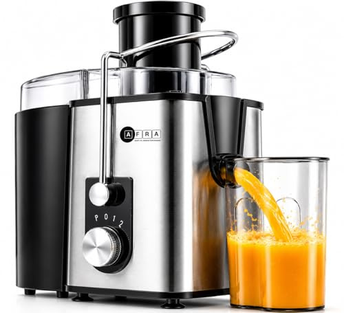 AFRA Spremiagrumi centrifugo da 400 W, estrattore elettrico per frutta e verdura con 2 velocità e impulsi, scivolo di alimentazione da 65 mm, contenitore per polpa da 1 l, brocca per succo da 550 ml