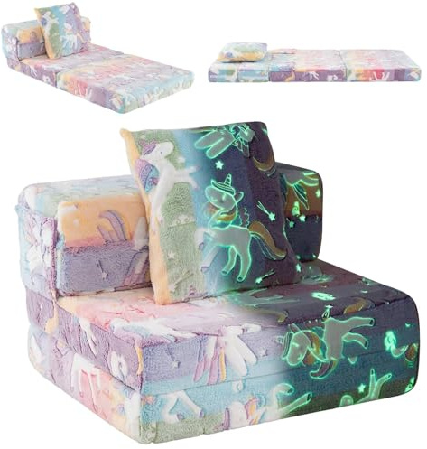 GYMAX 3-in-1 Kids Sofa Chair, Glow in The Dark Children Fold out Couch with Pillow and Washable Cover, Convertible Toddler Sofa Bed for Boys Girls (Colorful)