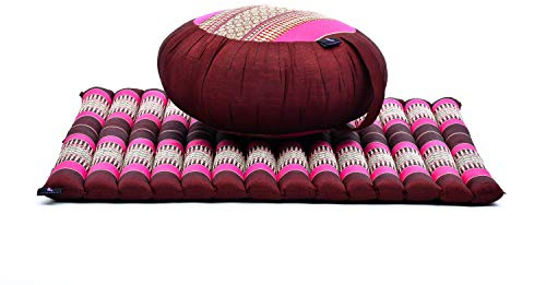 Leewadee Meditation Cushion Set – 1 Round Zafu Meditation Pillow and 1 Square Roll-Up Zabuton Meditation Mat, Pillows Bundle Filled with Kapok, Auburn Pink