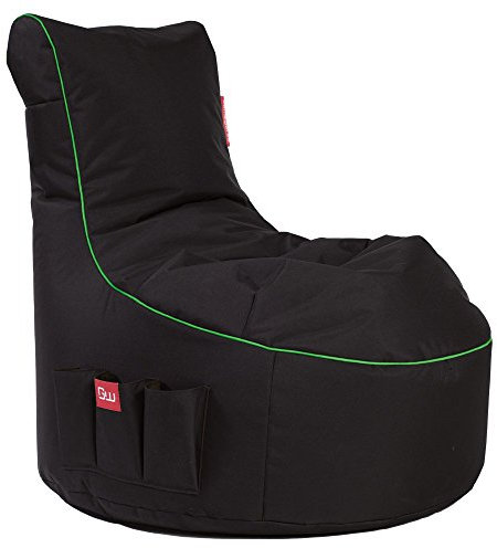 GAMEWAREZ Toxic Storm 2.0 Gaming Sitzsack, Made in Germany, für PS4, XBOX360, XboxOne, Nintendo DS, Nintendo Switch, Smartphone. Schwarz mit grünem Keder, Tasche und Kopfhörerhalterung
