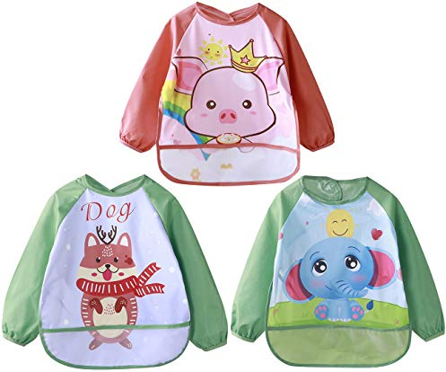 Chilsuessy 3 Pack Wasserdicht Ärmellätzchen abwaschbar latz mit ärmel lätzchen mit auffangschale Ärmellätzchen mit Nässeschutz - Essen und Play Smock Schürze für Kleinkinder, 3#, L/Baby Höhe 70-80cm