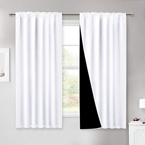 NICETOWN Pure White 100% Blackout Lined Curtains, 2 Thick Layers Completely Blackout Window Treatment Thermal Insulated Drapes for Kitchen/Bedroom (1 Pair, 52 inches Width x 63 inches Length)