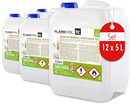 FLAMBIOL® Bioéthanol Premium en Gel (12 x 5 L) – Combustible Longue Durée, Idéal pour Cheminées d'Intérieur et d'Extérieur – Formule Améliorée et Écologique, Fabriqué en Allemagne