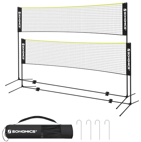 SONGMICS Rete da Badminton da 5 m, palo Regolabile in Altezza, Set Portatile per Tennis, Beach Volley, Giardino, Parco, Esterno, Nero e Giallo, SYQ500B02