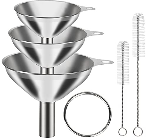 6 Pcs Stainless Steel Mini Funnels for Kitchen use. Large Tiny Small Funnel Set of 3, Metal Cooking Powder Food Grade Flask Funnels for Filling Bottles Liquor Water Spice, 2Pcs Cleaning Brushes VOPTON
