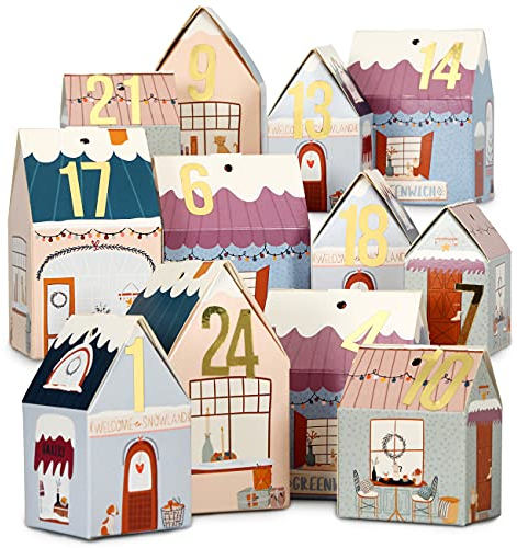 Papierdrachen DIY Adventskalender zum Basteln und Befüllen - Häuser Set - Weihnachtsdorf bunt - 24 bunte Falt-Schachteln zum Aufstellen und Dekorieren - 24 Boxen - Weihnachtsdorf - wiederverwendbar