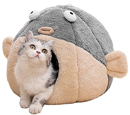 Cat Beds for Indoor Cats - Cat Bed Cave with Removable Washable Cushioned Pillow, Soft Plush Premium Cotton No Deformation Pet Bed, Lively Pufferfish cat House Design, Grey, Multiple Sizes