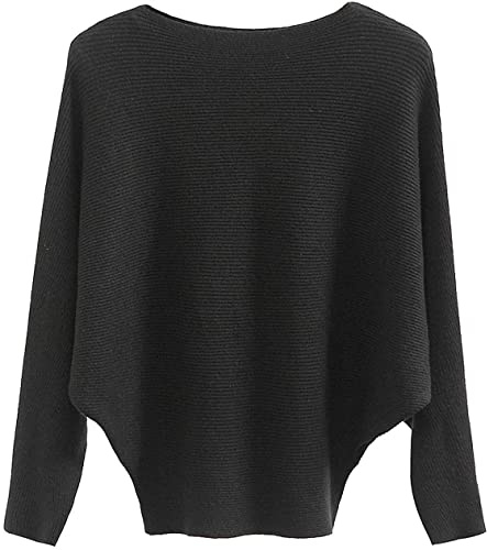 GXIN Batwing Sleeve Jumpers for Women Boat Neck Off Shoulder Dolman Knitted Sweaters Ladies Pullovers Tops (UK, Alpha, One Size, Regular, Regular, Standard, Black)